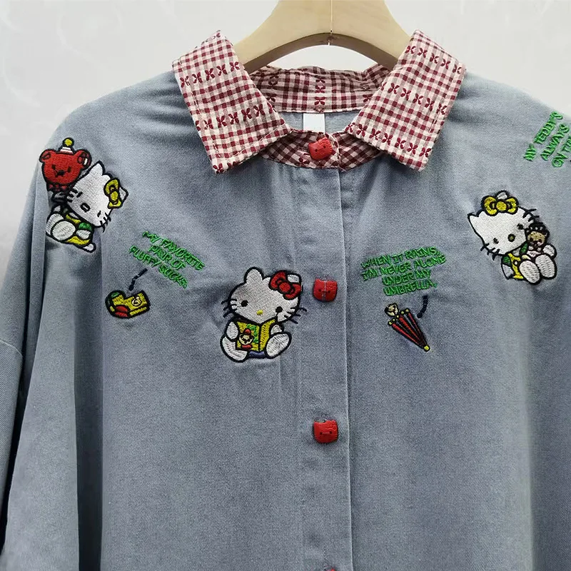 

American Street Style Washable Vintage KT Cat Embroidery Patchwork Plaid Denim Short Sleeve Shirt For Men And Women