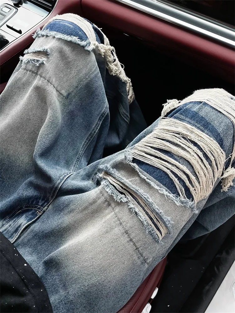 

Men's Hiphop American Sle Ripped Denim Jeans High Street Patchwork Design Trendy Drape Wide Leg Floor-Length Pants