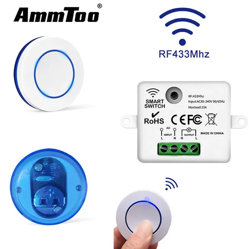 RF 433Mhz Light Switch Round 10A Wireless Panel Mini Switch Remote Control Relay Receiver Module Transmitter For Bedroom