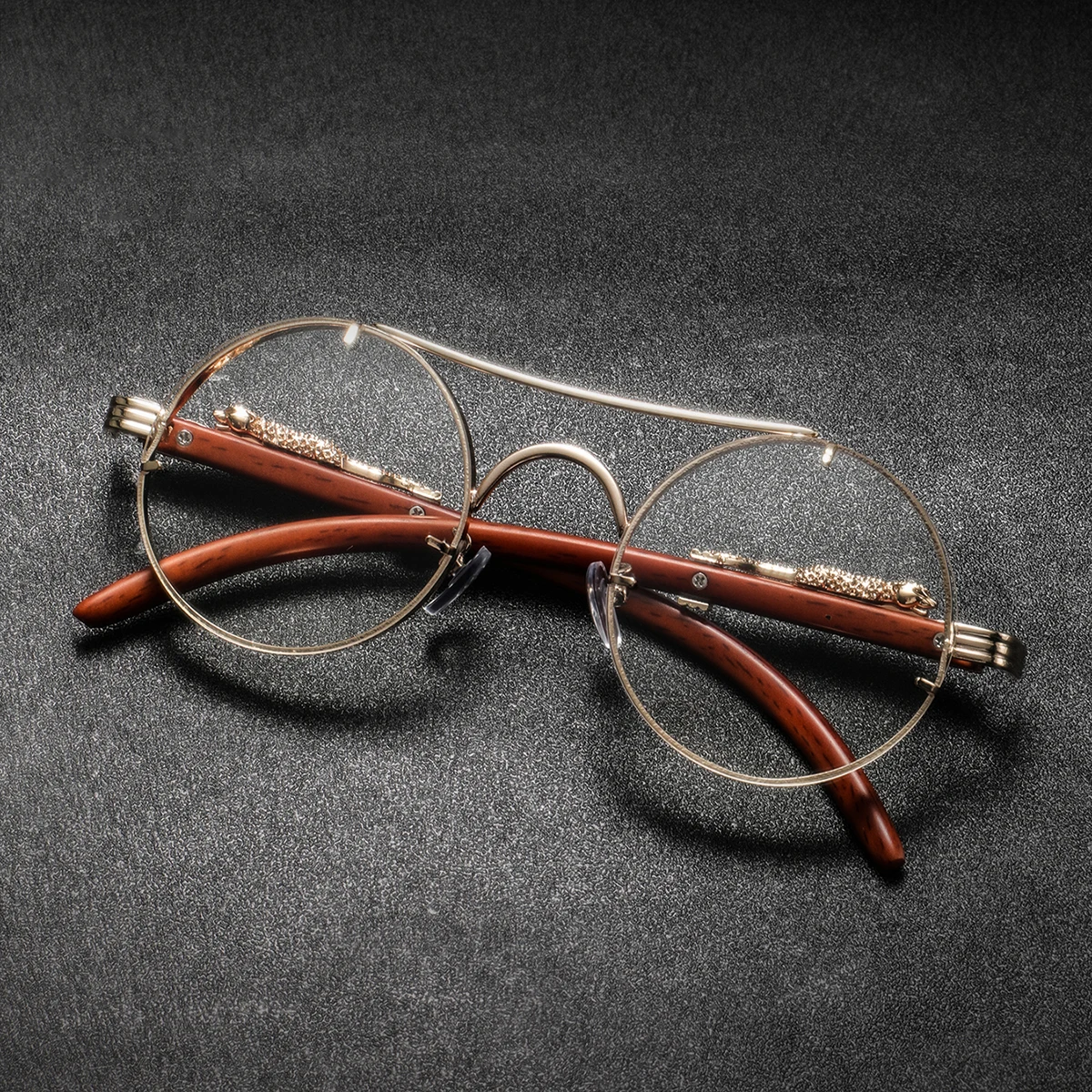 メンズダブルブリッジラウンドフレーム木目調度度なしメガネ1組 - Men'S Fashion Non Prescription Glasses のレビューと価格