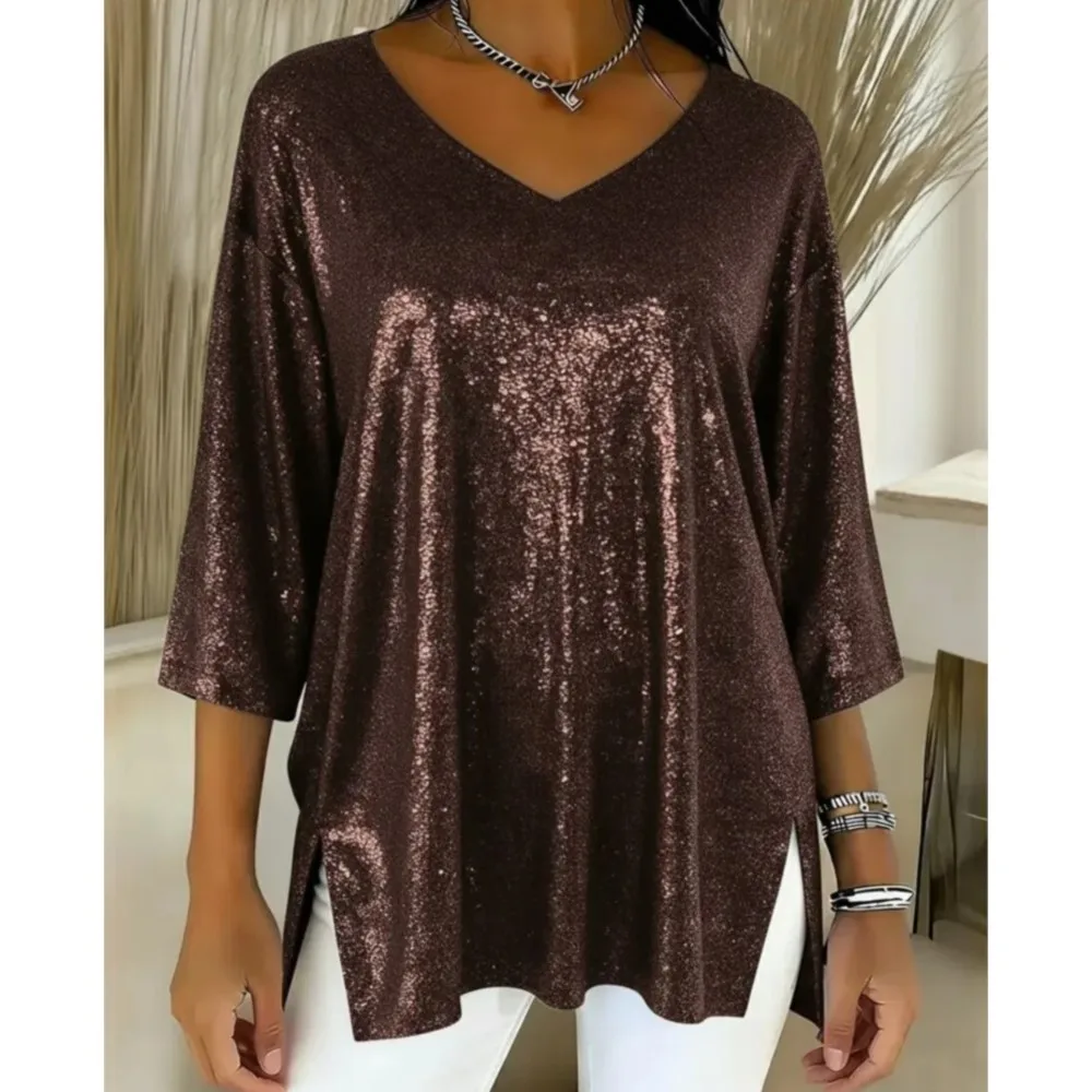 Fashion Shiny V-neck Women's 7 Quarter Sleeve Top Spring And Summer New Slit Casual Loose Simple Female Versatile T-shirt 2026