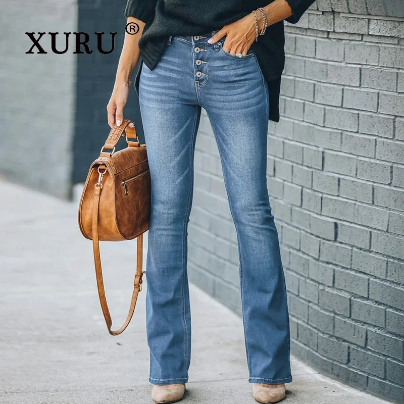 

XURU-Elastic Jeans for Women, High Waist, Slim Fit, Casual Flare Pants, European and American, K1-1056, New