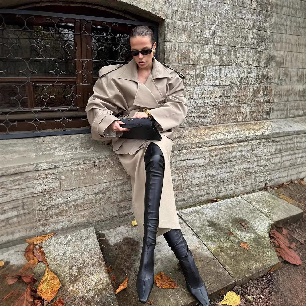 2025 Khaki Lapel Long-sleeved Lace-up Short Trench Coat European and American Fashion Temperament High Sense