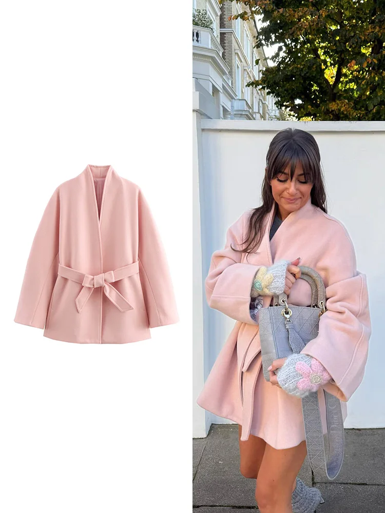 

TRAF женский бант галстук пальто куртка осень и зима новый сплошной цвет длинный рукав смешанные пальто куртка темперамент женские топы