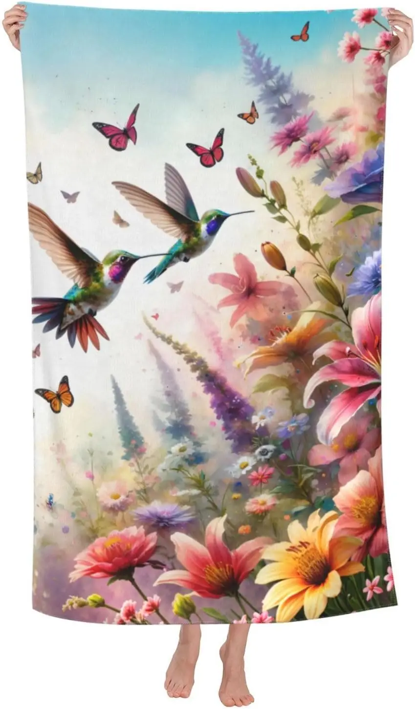 Vibrant Hummingbird Beach Towel,Microfiber Quick Dry Colorful Floral Butterfly Wildflower Bath Towels,Soft Lightweight Oversized