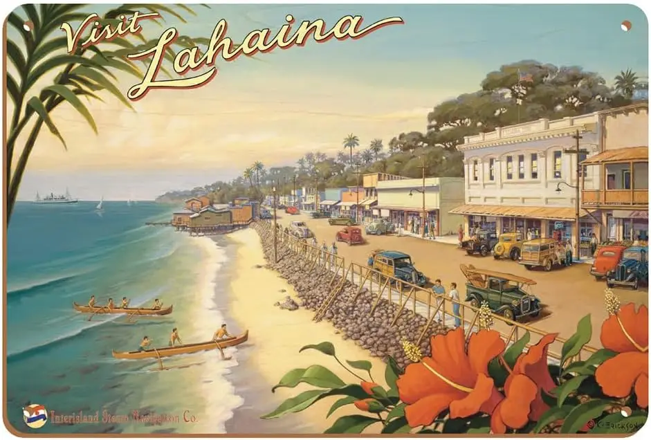 Visit Lahaina - Maui Hawaii - Vintage Hawaiian Travel Poster by Kerne Erickson - 8 x 12 inch Vintage Wood Art Sign sign