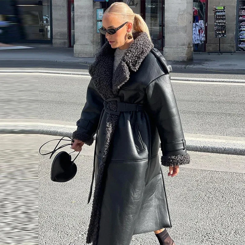 

Elegant Long Women's Coat Autumn Winter Fashion Outerwear with Collar Belted Sleeve Lengthened Commuter Style Other Material