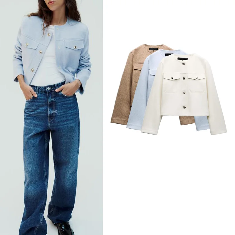 

Spring New Arrival Soft Collar Long Sve round Ne ort Jaet Versatile Outerwear ZA 30038 Women's Casual Faion Jaet