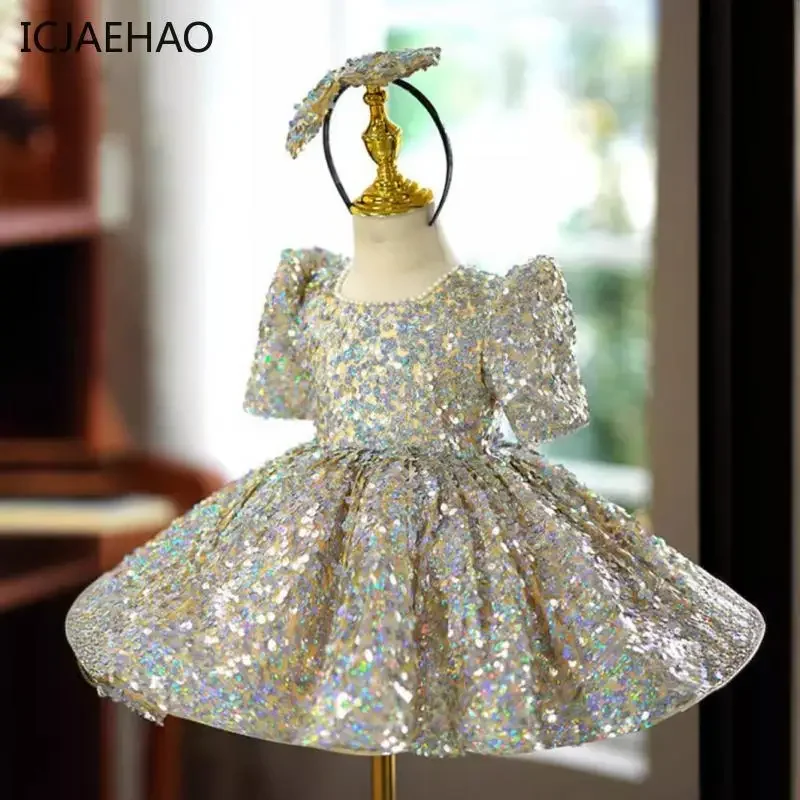 

2025 Girl Birthday Party Baby Kids Princess Dress Neck High End Ballroom Clothing Luxury Sequin Short Sleeved Round