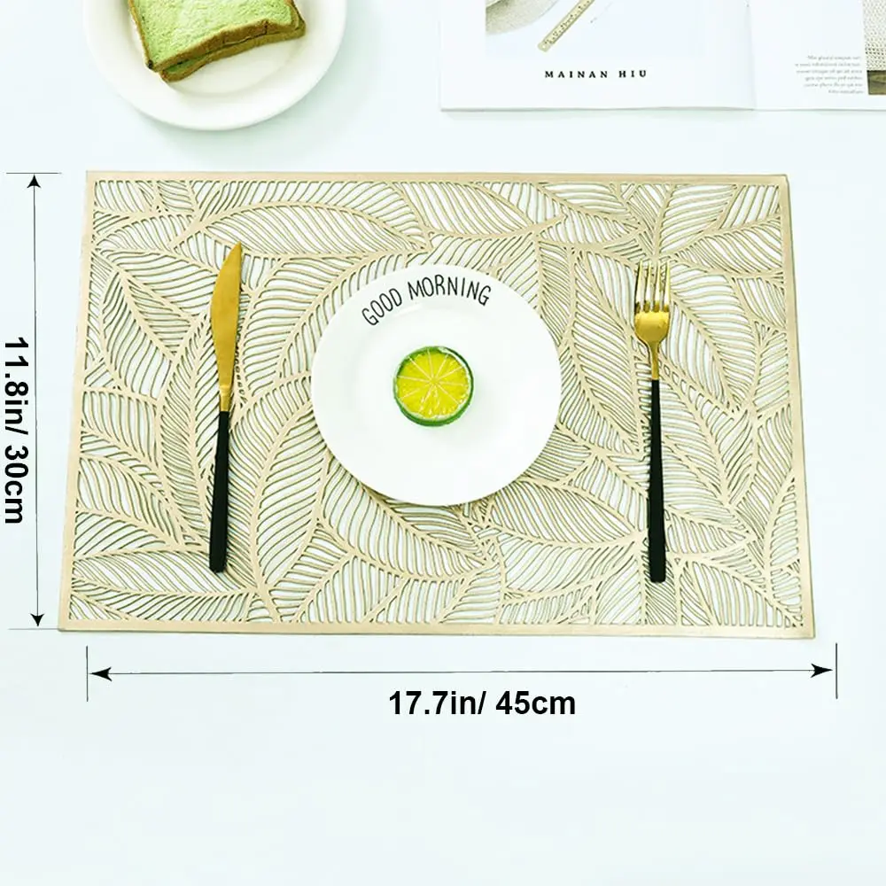 Set of 2/4 Placemat Golden Rectangle Table Mat for Dining Tables Wipeable Leaf Hollow Insulation PVC placemats  Home Modern