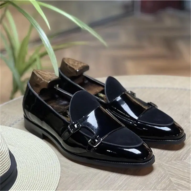 Black Men Monk Loafers Genuine Leather Stitching Cow Suede Double Buckle Casual Shoes Wedding Party Daily Classic Dress Shoes