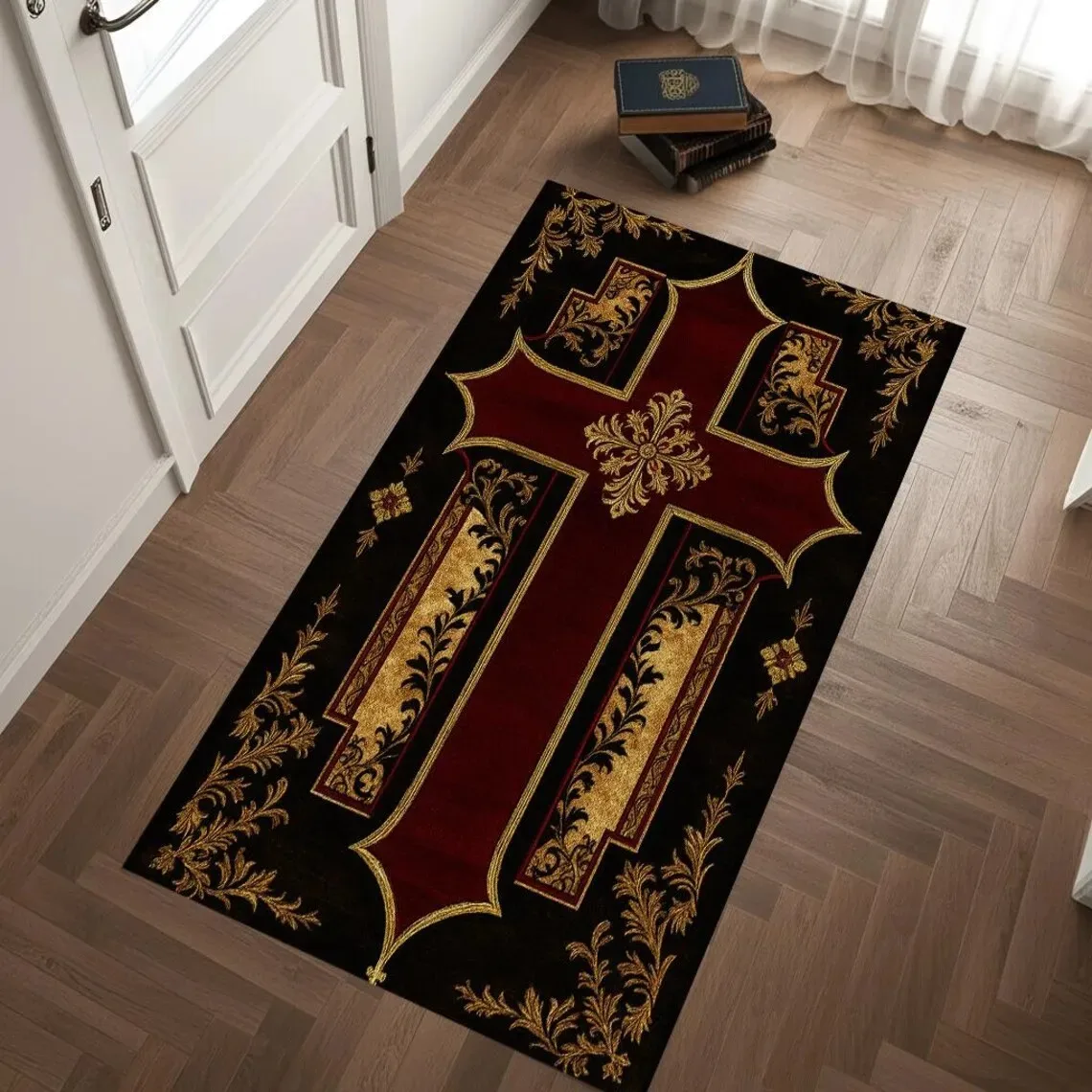 VIKAMA Non-slip Orthodox Church Red Gold Cross Prayer Rug for Home Worship Decor