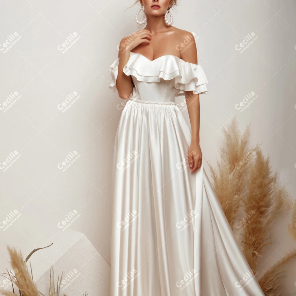 

Graceful Wedding Dresses Satin Pleat Bridal Gowns Boat Neck Off The Shoulder Robes For Formal Party Lace Up Vestidos De Novia