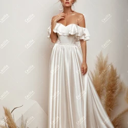 Graceful Wedding Dresses Satin Pleat Bridal Gowns Boat Neck Off The Shoulder Robes For Formal Party Lace Up Vestidos De Novia