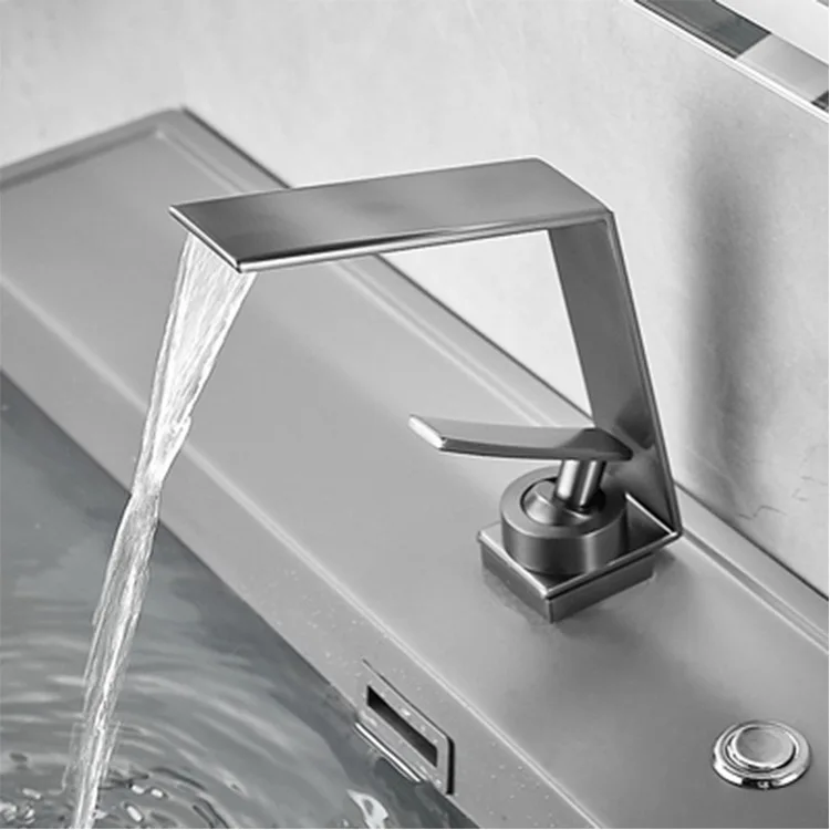 

Gun Gray Creative Basin Hot and Cold Water Faucet Copper Minimalist Washbasin Waterfall Bathroom Home