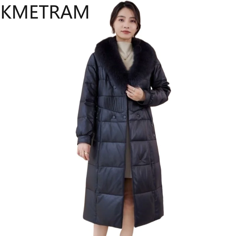 100% Sheepskin Puffer Jacket Women High Quality Genuine Leather Long Down Coats with Fox Fur Collar Winter Clothes 2025 пуховик