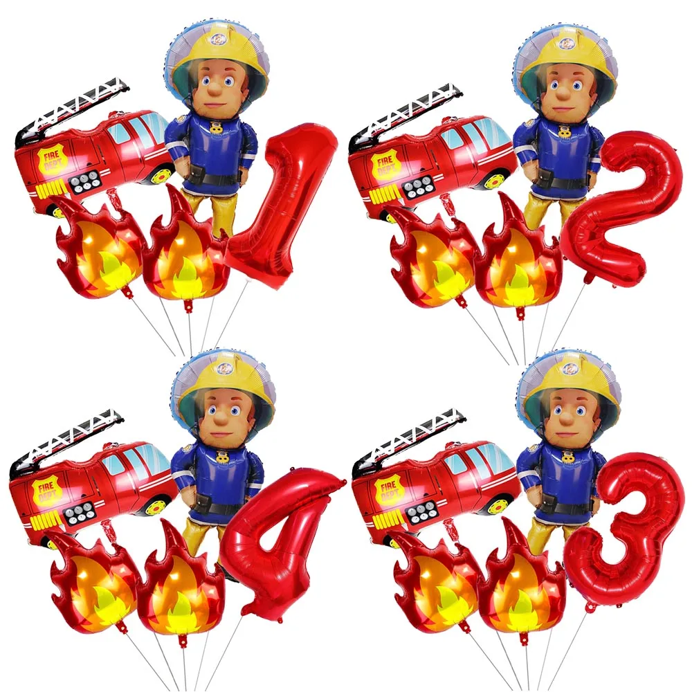 5pcs Fire Balloon Firefighter Fire Truck 32inch Red Number Balloons Set Boys Fire Theme Birthday Party Decoration Supplies