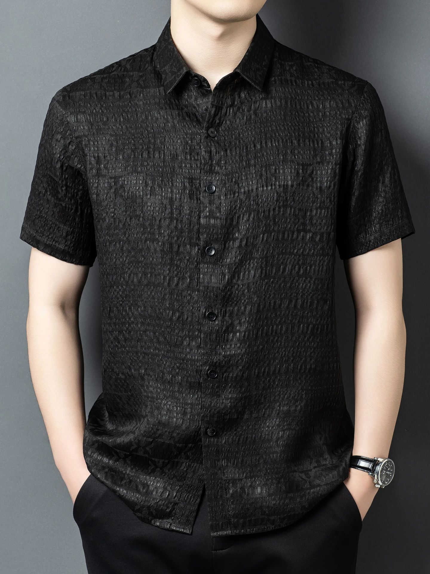 Camisa de Manga Corta de Seda de Alta Gama Tahon para Hombre, Nuevo Estilo de Verano, Patrón Floral Tka, Corte Estándar, Cier...