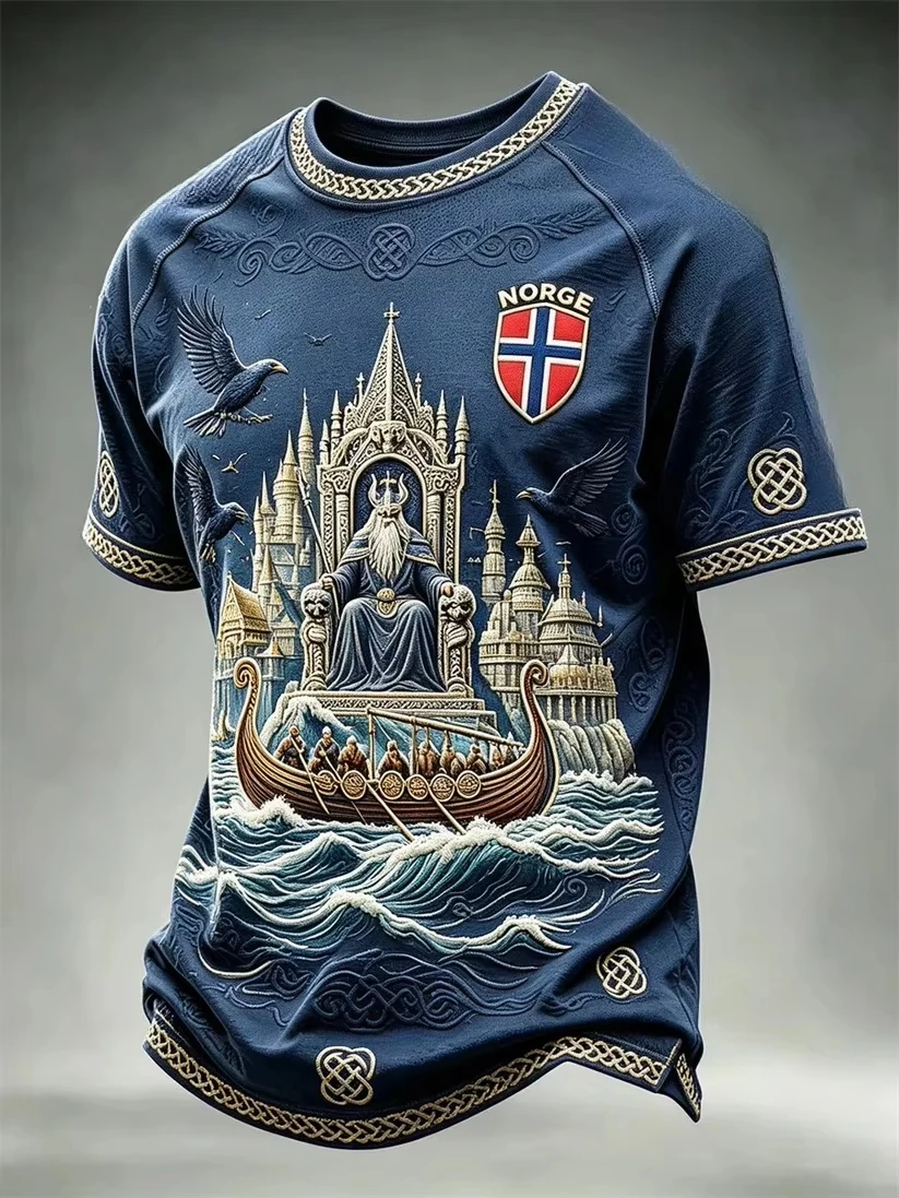 2027 Summer Men's Retro Danish Viking Style 3D Printed Embroidery Breathable Quick-Drying Sporty T-Shirt Family Style Shirt