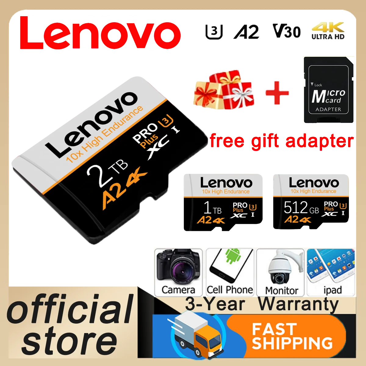 

Lenovo 2TB Ultra Micro SD Card 1TB 512GB SD Memory Card 128GB 256GB A2 U3 V30 TF Flash Cards For Phone Computer Switch Drone
