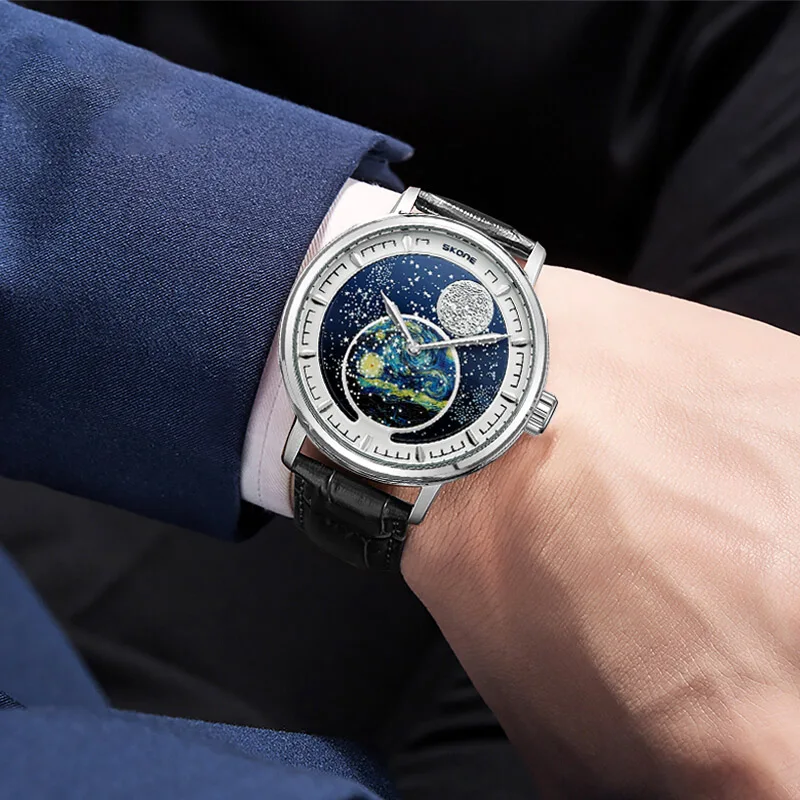 

Starry Sky Blue Luminous Men's Watch Automatic Mechanical Leather Strap Waterproof Wristwatch TOP Brand Men Watch Business