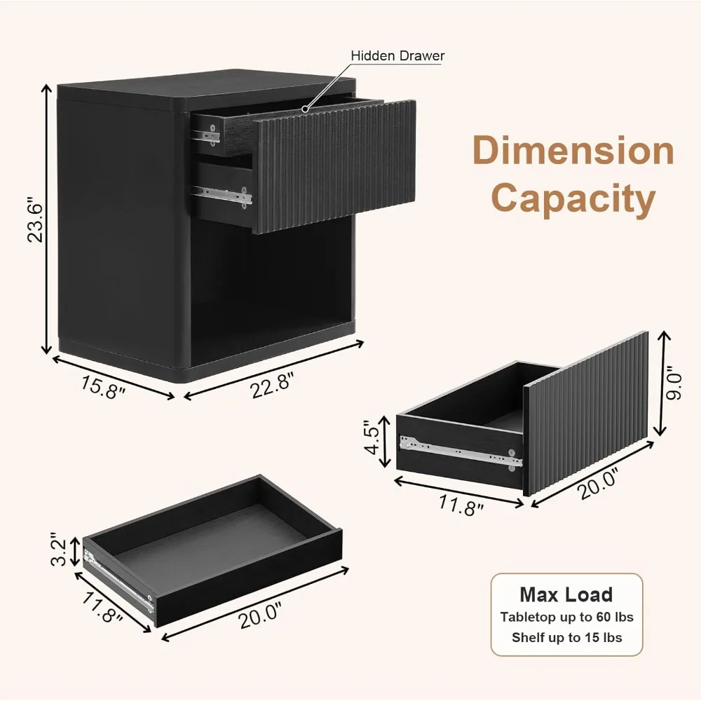 زوج من طاولات النوم ذات الأدراج المخفية باللون الأسود بعرض 22.8 بوصة مع 4 أدوات تخزين حديثة مخفية في منتصف القرن #3
