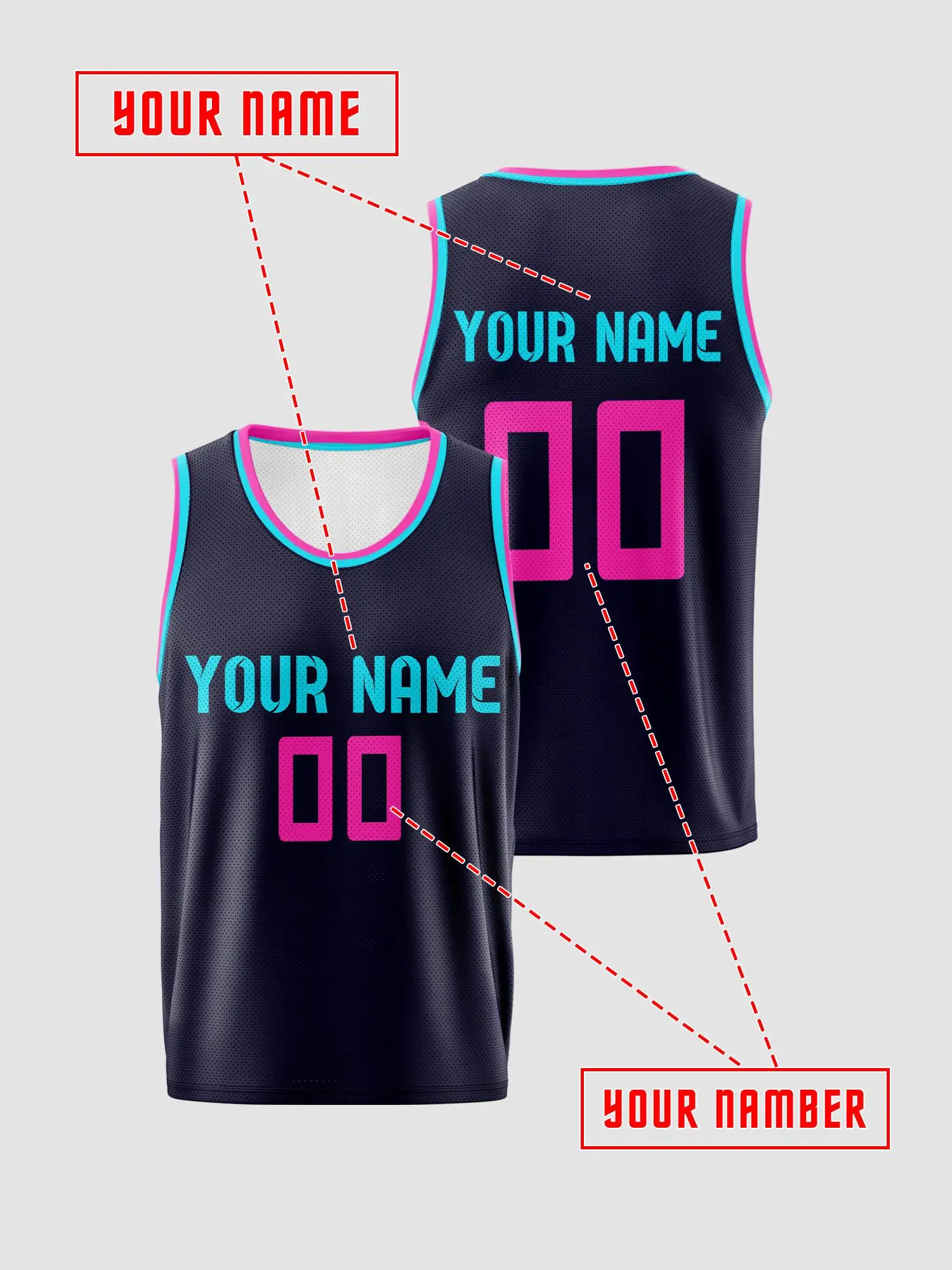 Navy Jersey Pink‑Cyan Trim Custom Basketball Jersey, Print Name & Number, Breathable Quick‑Dry for Kids Adults