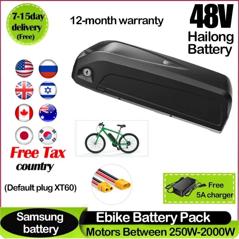 Original 48V 36V 52V 20AH Hailong ebike Battery 40AH BMS for 350W 500W 750W 1000W Motor and duty-free gift charger