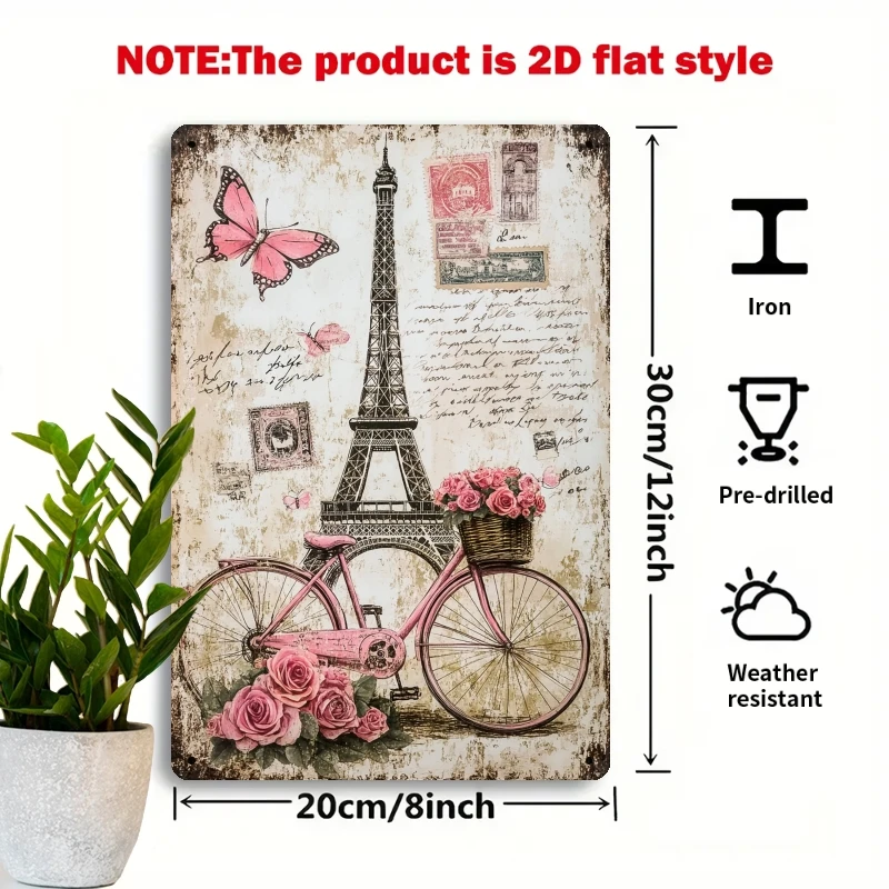 2D Flat - A Vintage-Style Metal Sign Featuring The Eiffel Tower And a Pink Bicycle, Measuring 7.87X11.81 inch. This Decorative P