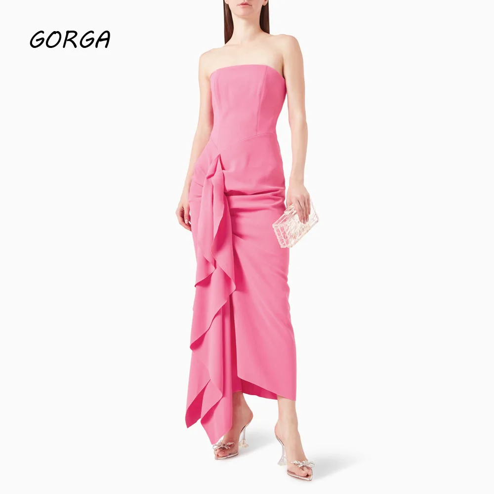 

GORGA Simple Pink Strapless Pleat Mermaid 2024 Slim Crepe Backless Sleeveless Ocassion Gown Floor-Length Formal Evening Dress