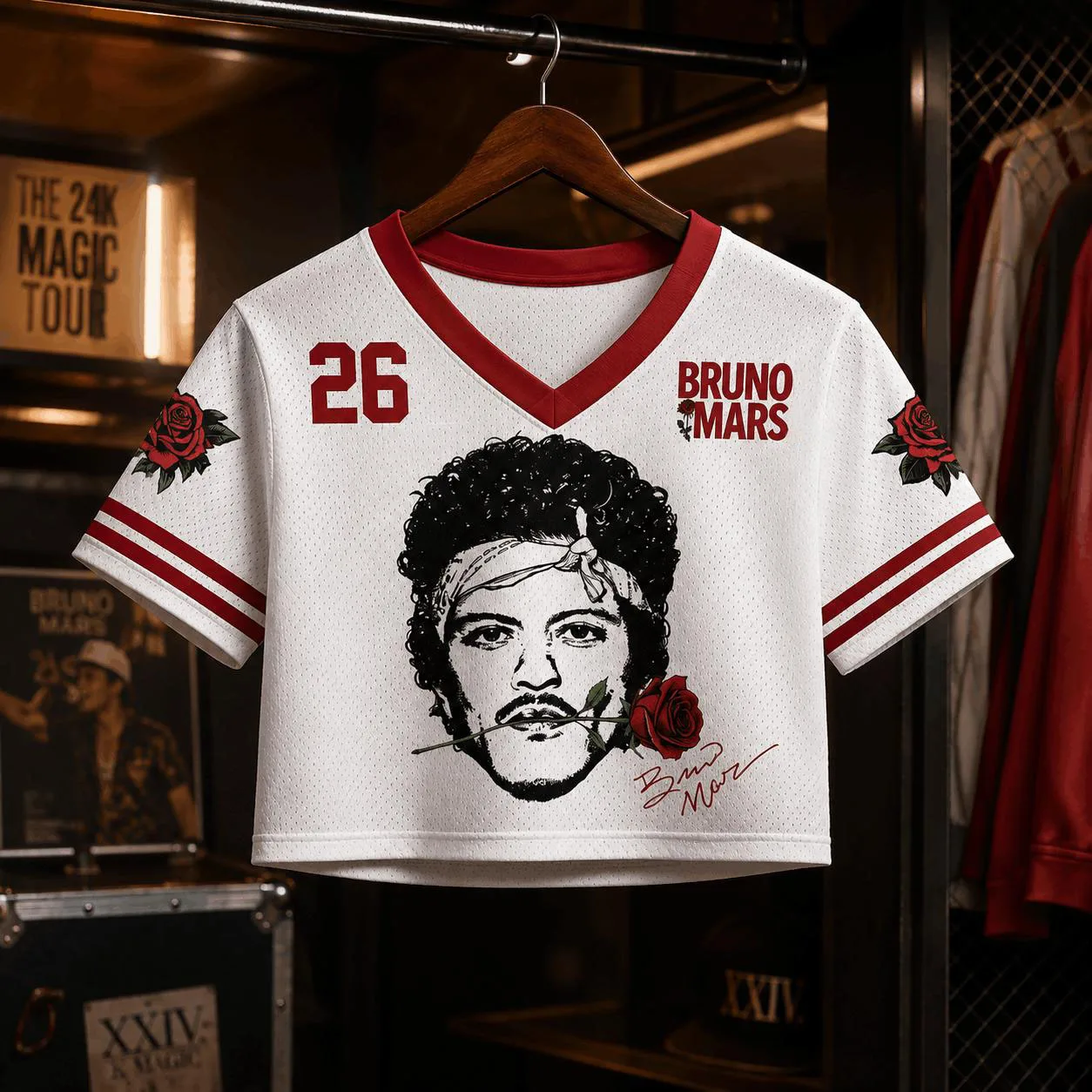 2026 Bruno Mars 24K Magic Tour Cropped Jersey Women V-Neck Short Sleeve Y2K Concert Graphic Crop Top Summer Music Fan T Shirt