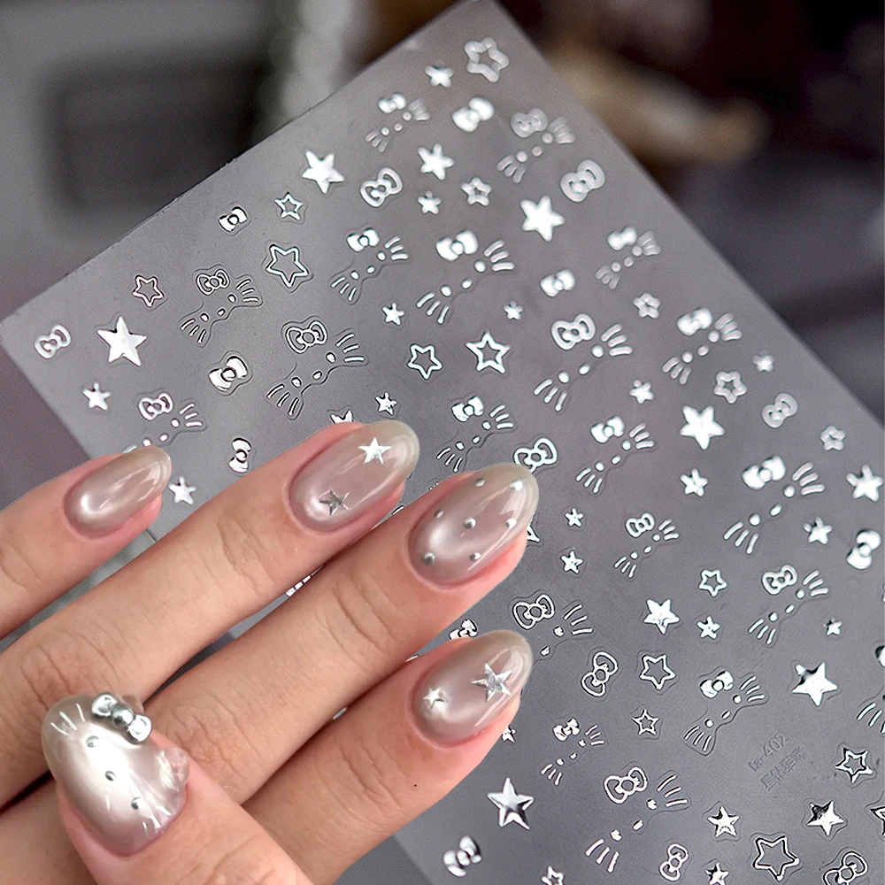 Calcomanías para uñas de Hello Kitty con lazo de estrella plateada 5D, pegatina con purpurina de Metal, cara de gato de gatito, deslizador de uñas con estrellas de cinco puntas, manicura DIY