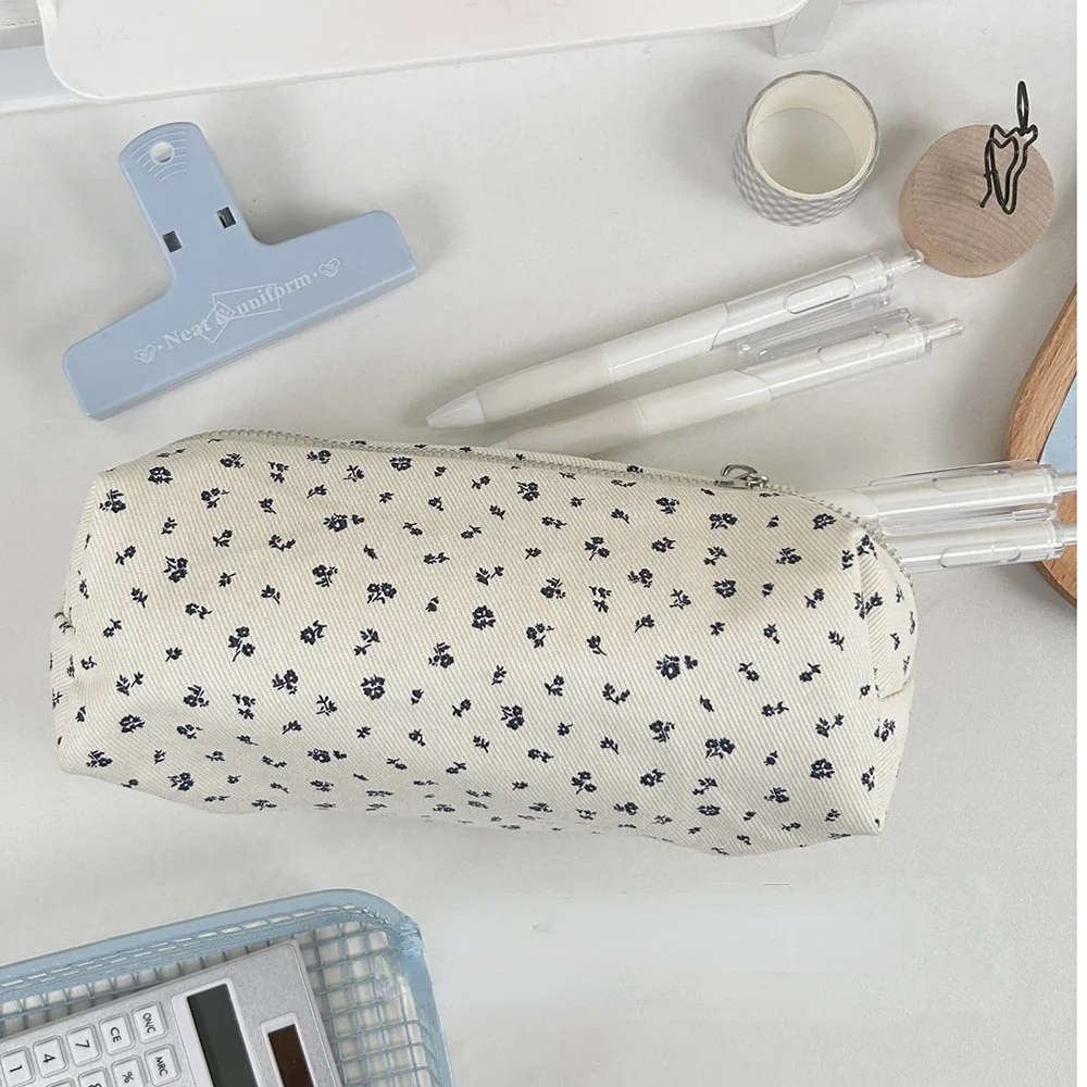 INS Floral Print Pen Bag Simple Cute Pencil Case Large Capacity Multifunctional Canvas Pen Box Desktop Stationery Organizer