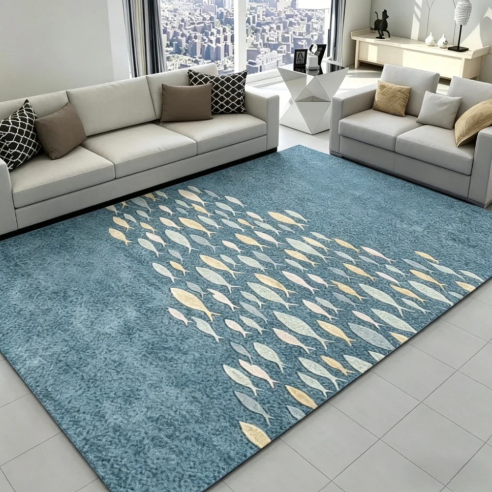 Blue Fish‑Print Area Rug, Durable Non‑Slip Machine Washable Large Floor Mat for Under‑Bed Indoor‑Outdoor Home Ornament
