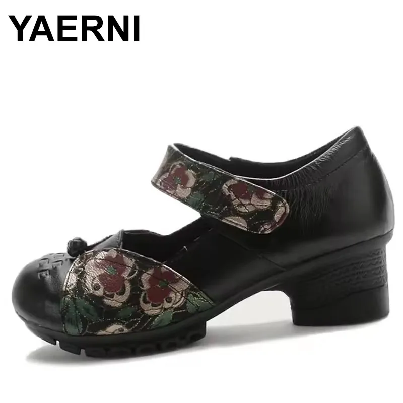 

Повседневные женские туфли-лодочки на массивном каблуке, весенние этнические туфли из натуральной кожи с принтом, удобная обувь для мам среднего возраста