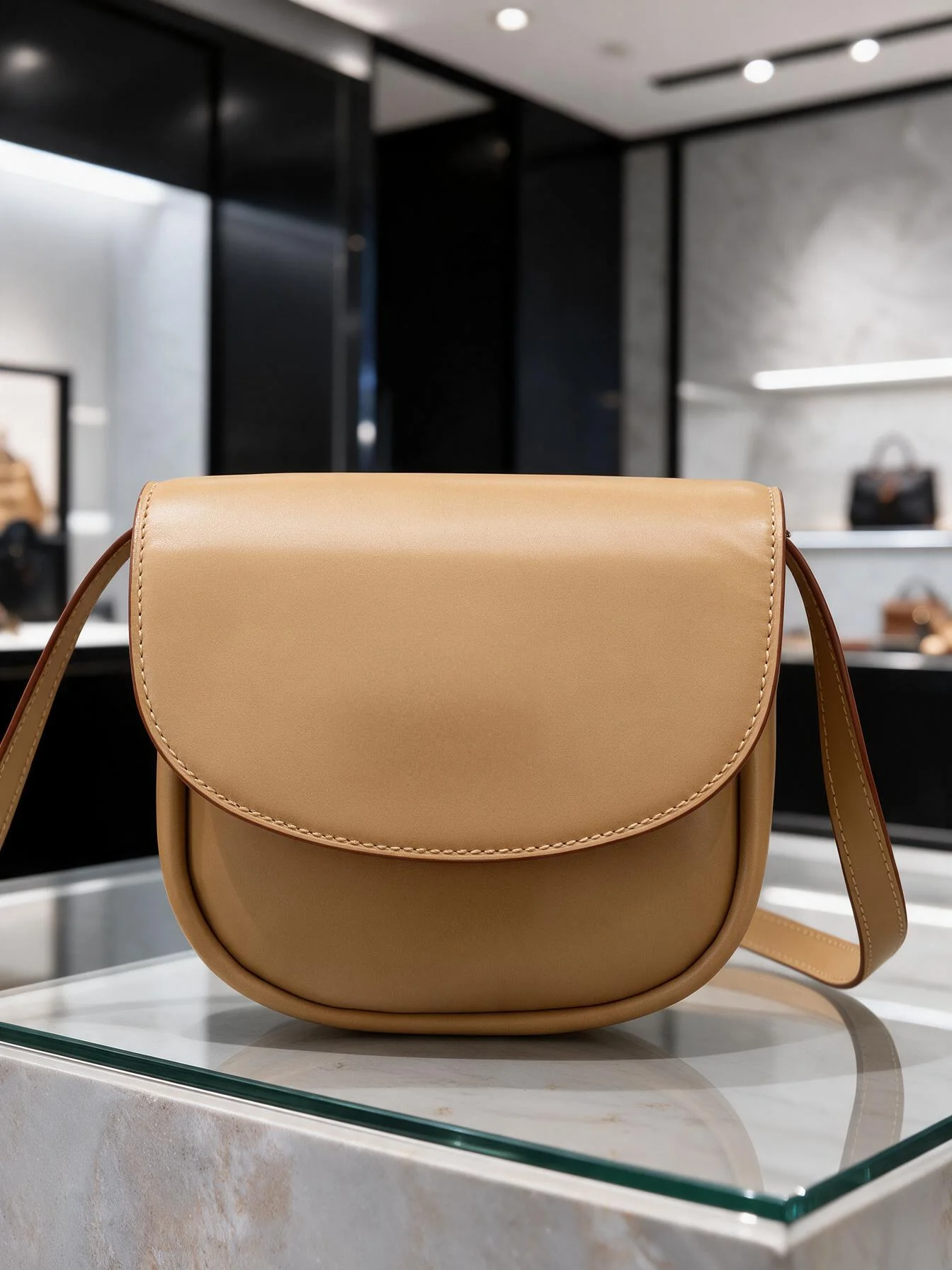 Plain Smooth Leather Saddle Bag Women Flap Crossbody Bag Minimalist Solid Color Light Brown Casual Small Shoulder Handbag