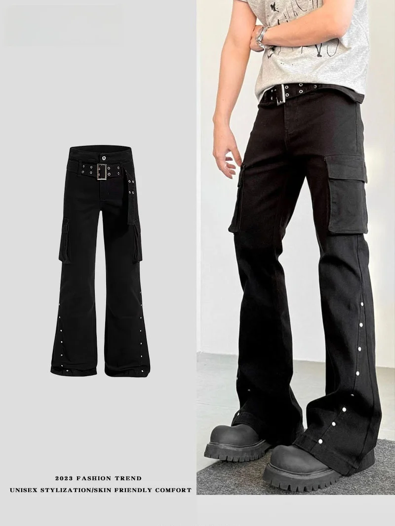 

American Sle Bla Street Multi-ket Loose Metal Rivet Splicing ell Pants Men Women Slim Micro-flared Long Trousers