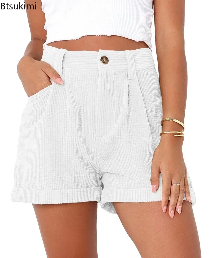 2025 Women's Summer High Waist Corduroy Shorts Casual Loose Female Straight Short Pants Shorts Solid Denim Shorts Women Jeans