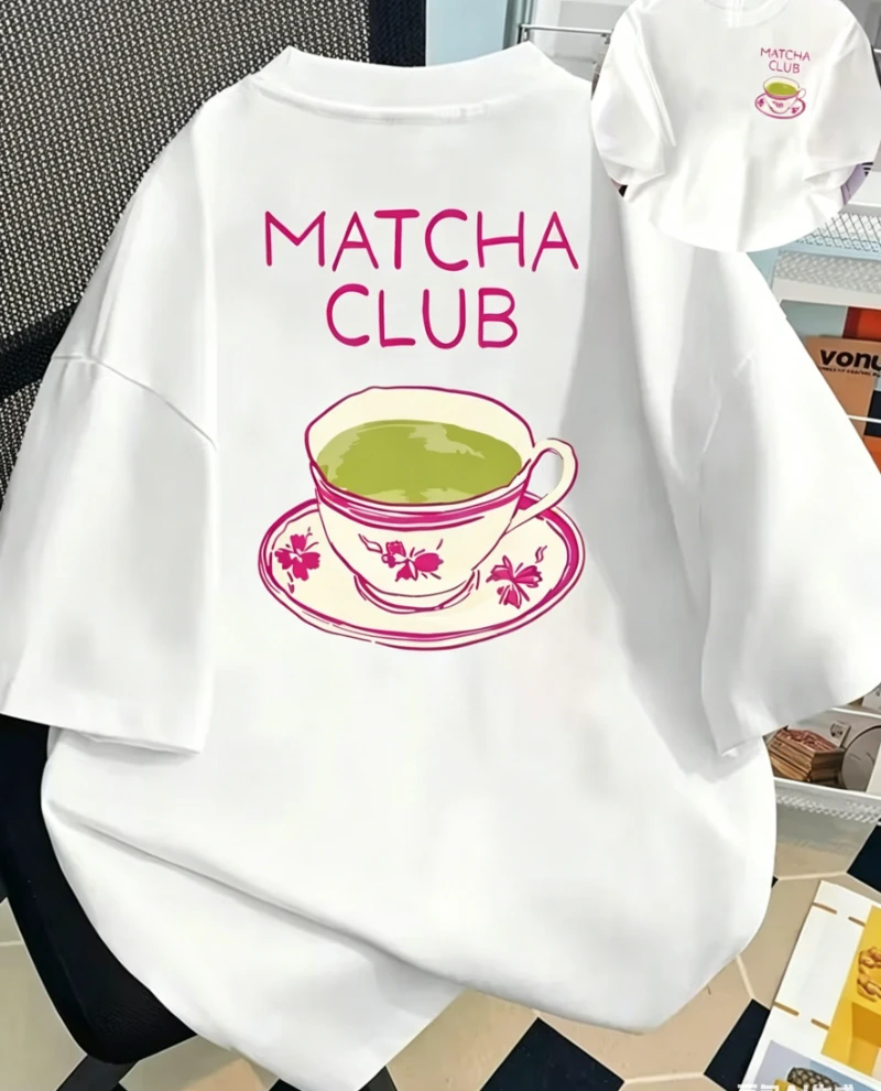 Matcha Club Tea Cup Print T-shirt Cute Aesthetic Graphic Short Sleeve Tops Men Women Casual Loose Streetwear Daily Wear Tee