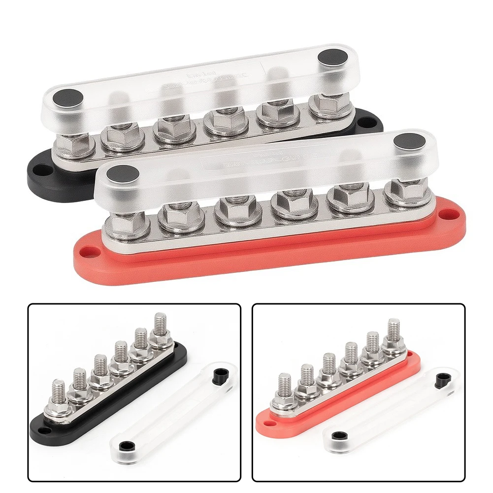 300A 12V Bus Bar Power Distribution Block Red Black Dual Terminal 180° Wire Lug Installation For Vehicle Vessel