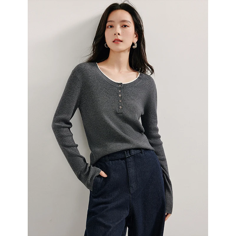 INMAN 2024 autumn winter contrast crew neck women\'s knitwear false two-Piece Casual loose sweater Pullover tops