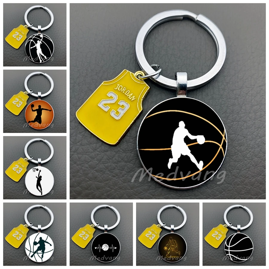 Basketball silhouette glass keychain creative jersey keychain pendant basketball enthusiast jewelry gift keychain