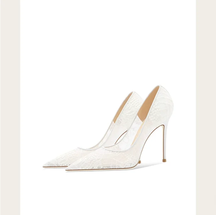 White Mesh Lace High Heels French Engagement Pointed Shoes