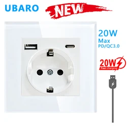 UBARO EU 82 Type Tempe Glass Panel Wall Socket 5V 3A USB Type C Electrical Outlets Pop Built-in Socekts Power Plug 250V 16A