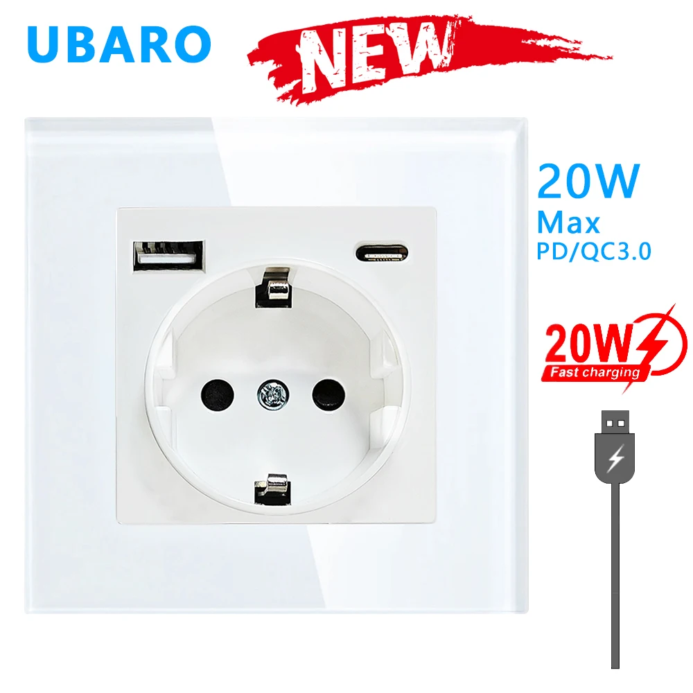 UBARO EU 82 Type Tempe Glass Panel Wall Socket 5V 3A USB Type C  Electrical Outlets  Pop Built-in Socekts Power Plug 250V 16A