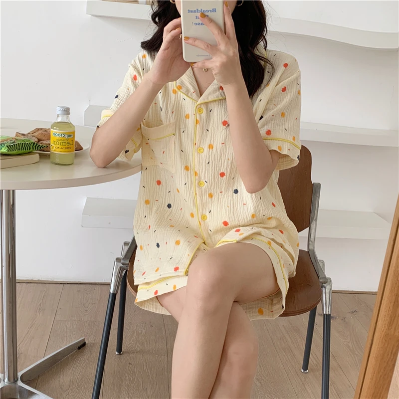 

Sweet Cotton Summer Pajamas Set Women Single Breasted Shirts + Shorts Colorful Dot Print Sleepwear Elegant Home Suit Ins