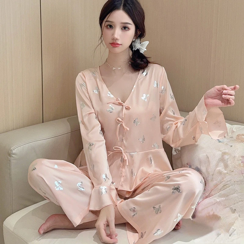 Pajamas Set V-Neck Women Sleepwear Nightwear Lingerie Spring Satin Long Sleeve Shirt&pants PJS Sleep Suit butterfly Home Clothes