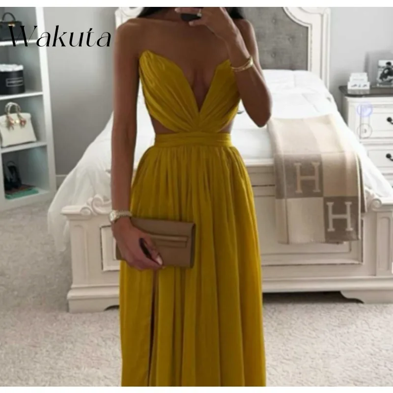 Wakuta Simple Yellow V-Neck Sleeveless Evening Gown Charming Prom Dresses Pleats Stain Formal Beach Party Vestidos Dourado Longo