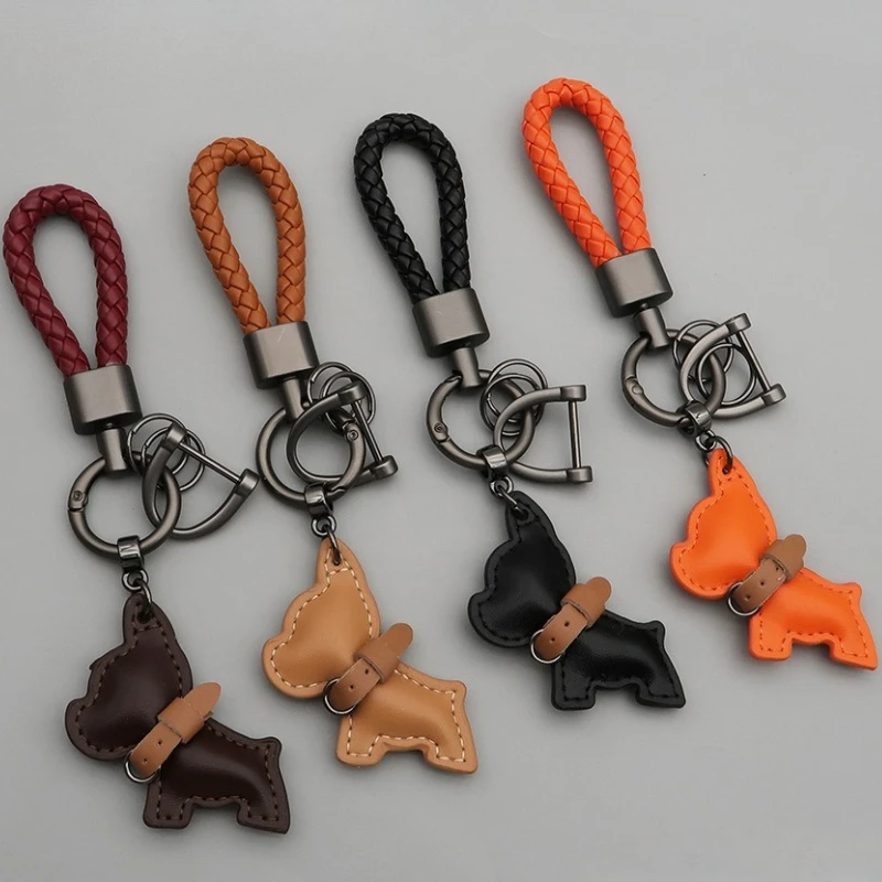 Benutzerdefinierte Name Nummer Cartoon niedlichen Hund Auto Schlüsselanhänger Laser personalisierte Logo Leder Schlüsselanhänger Ring Welpen Anhänger geflochten Seil Schlüsselanhänger