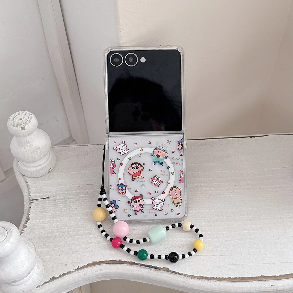 Cute Cartoon Crayon Shin-chan Magnetic Holder Magsafe Wireless Charge Phone Case For Samsung Galaxy Z Flip 8 7 Hard TPU Cover
